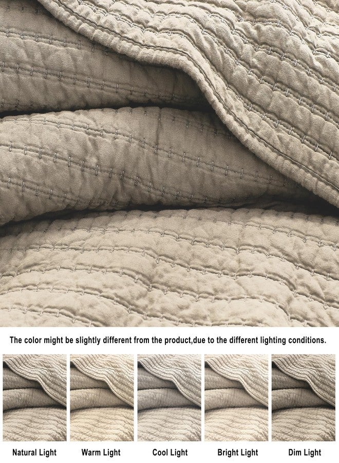 WDCOZY 100% Cotton Twin Size Quilt Set - Beige Neutral Striped Pick Stitch Soft Lightweight Bedspread, Textured Like Linen, Farmhouse Country Rustic Coverlet, Shabby Chic Gauze Bedding, 2 Pieces - Image 3