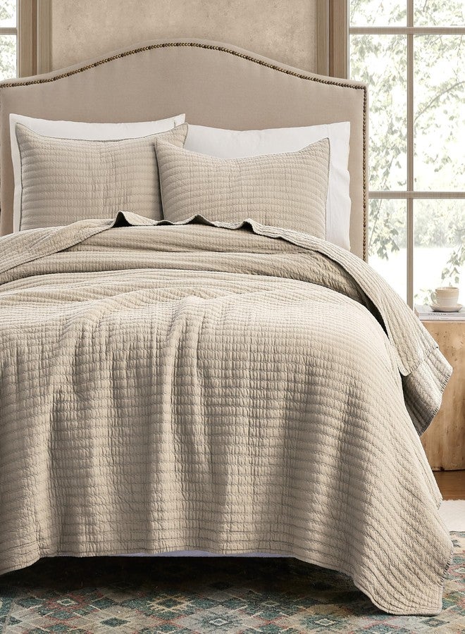 WDCOZY 100% Cotton Twin Size Quilt Set - Beige Neutral Striped Pick Stitch Soft Lightweight Bedspread, Textured Like Linen, Farmhouse Country Rustic Coverlet, Shabby Chic Gauze Bedding, 2 Pieces - Image 1