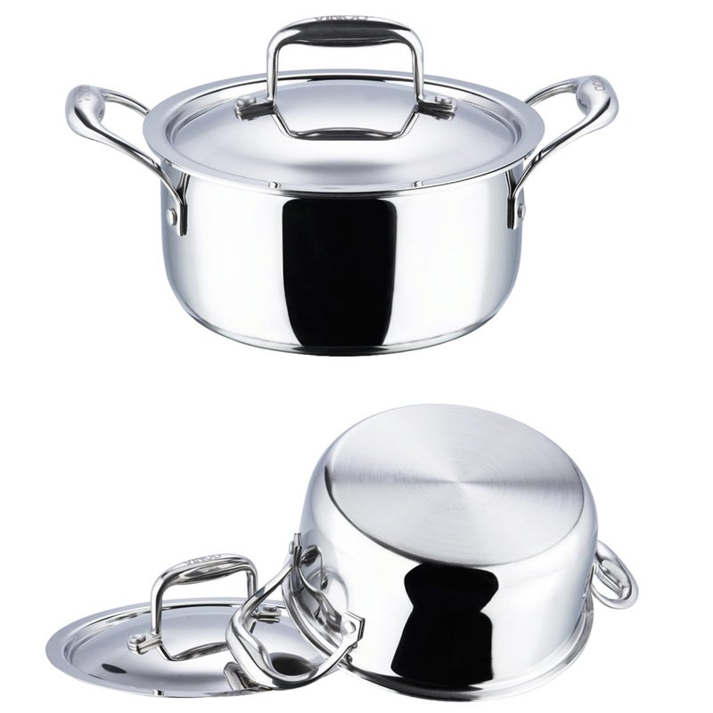 VINOD وعاء صلصة من الفولاذ المقاوم للصدأ ثلاثي الطبقات من فينود مع غطاء - 5 لتر، 24 سم | سمك 2.5 مم | قاعدة SAS | وعاء برياني | قاعدة تعمل بالحث والغاز | ضمان 5 سنوات - فضي - Image 2