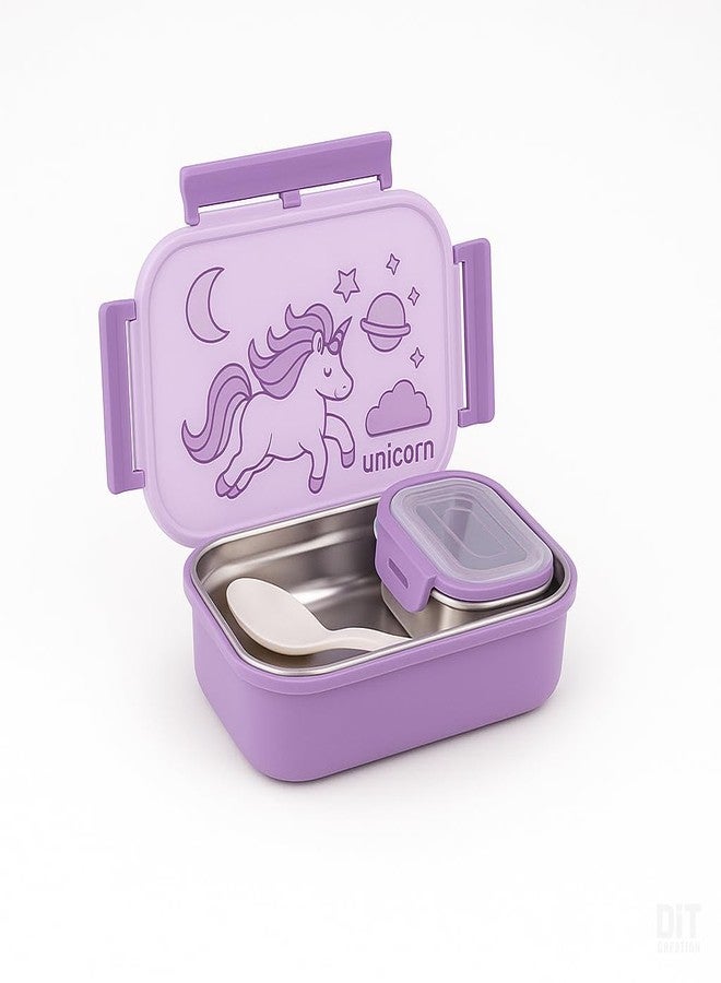 DTR Creation Unicorn Lunch Box Set for Kids | 2-Compartment Airtight & Leak-Proof Tiffin Box with Spoon | Lightweight, Easy to Clean, | Perfect for School, Picnic & Travel | Purple - Image 2