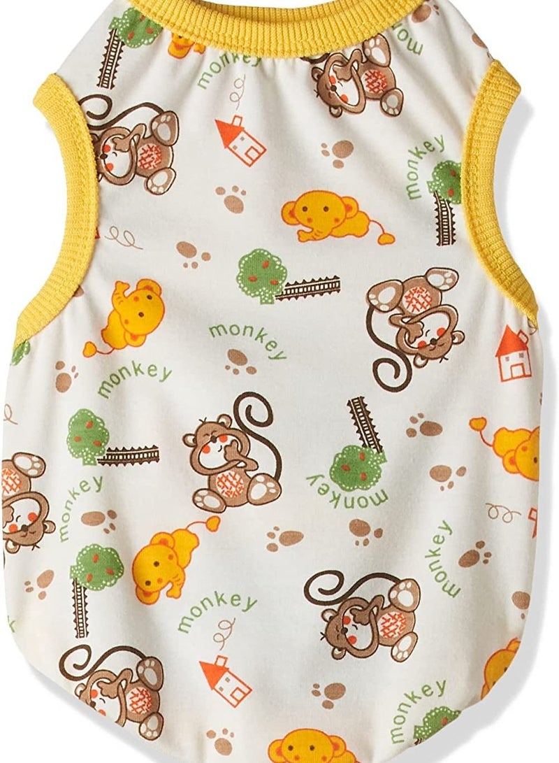 Ohana Spring Wear Collection Summery Fashion Prints Vest Clothes With Round Neck For Cats And Dogs White Colour With Yellow Monkey Print Medium Size - Image 2