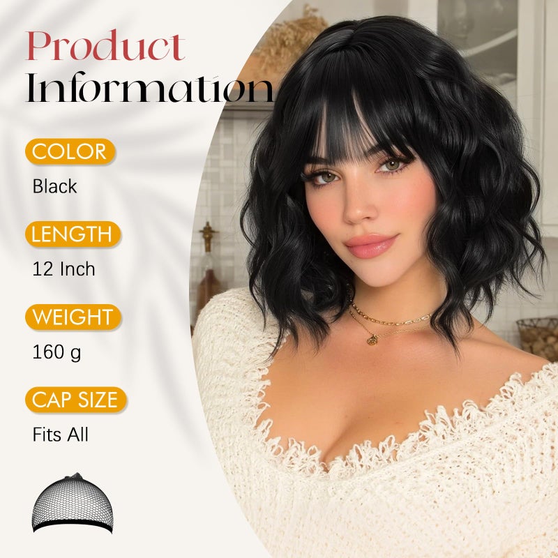 SOFEIYAN Short Wavy Black Wig - 12 Inch Bob Wig with Bangs for Women Curly Shoulder Length Bob Wig with Bangs Soft Synthetic Hair Wigs for Girls Daily Party Use - Image 2