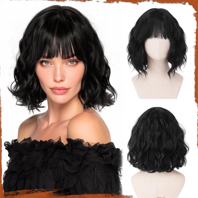 SOFEIYAN Short Wavy Black Wig - 12 Inch Bob Wig with Bangs for Women Curly Shoulder Length Bob Wig with Bangs Soft Synthetic Hair Wigs for Girls Daily Party Use - Image 1