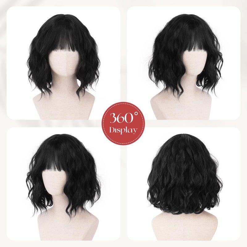 SOFEIYAN Short Wavy Black Wig - 12 Inch Bob Wig with Bangs for Women Curly Shoulder Length Bob Wig with Bangs Soft Synthetic Hair Wigs for Girls Daily Party Use - Image 4