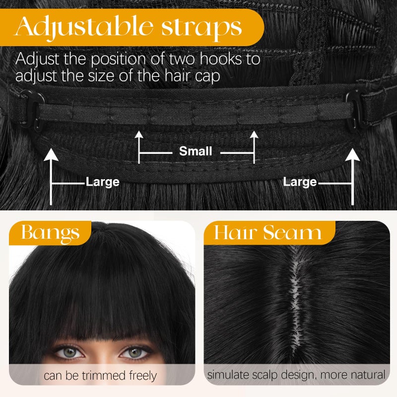 SOFEIYAN Short Wavy Black Wig - 12 Inch Bob Wig with Bangs for Women Curly Shoulder Length Bob Wig with Bangs Soft Synthetic Hair Wigs for Girls Daily Party Use - Image 3