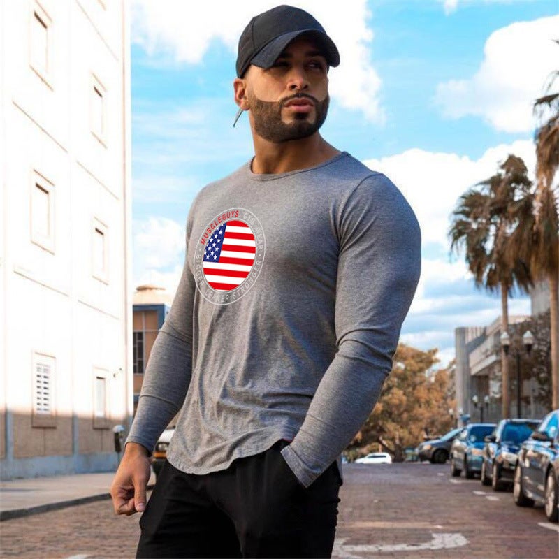 2018 Autumn New Men's T-shirt Men's Cotton Long Sleeve Round Neck Arc Hem Slim American Flag Print - Image 4