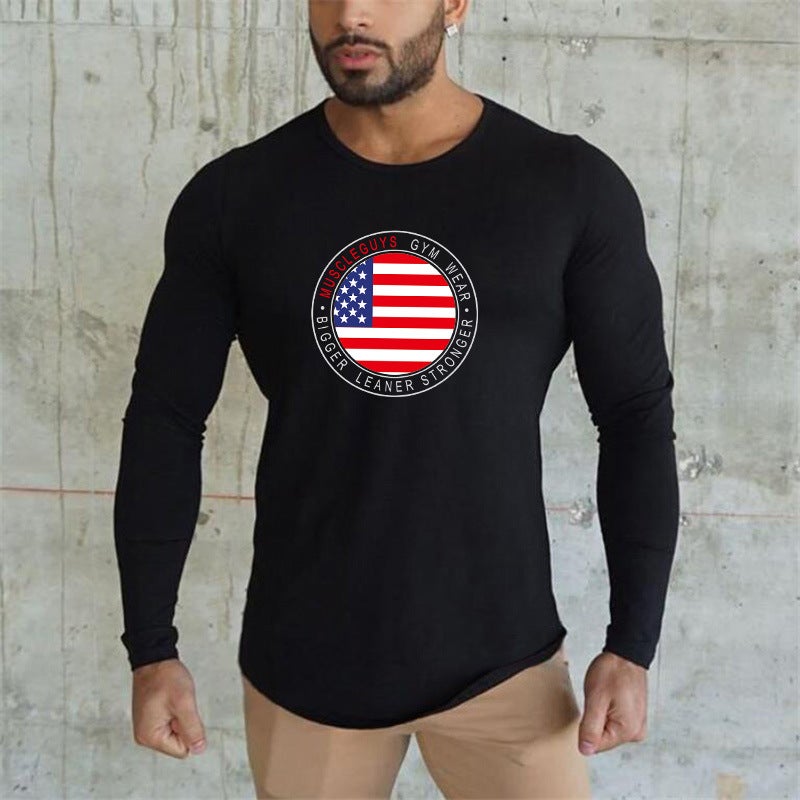 2018 Autumn New Men's T-shirt Men's Cotton Long Sleeve Round Neck Arc Hem Slim American Flag Print - Image 1