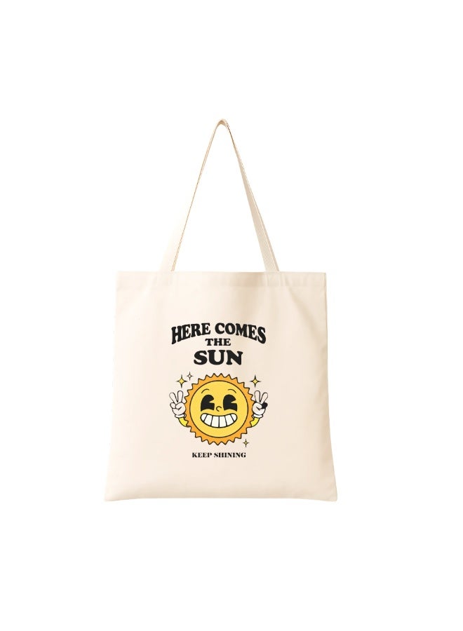 PRINTSHOP4ME Earth Cotton Canvas Tote Bag–“Here Comes The Sun” Eco-Friendly Reusable Bag For Women|Perfect For School,Travel,Earth Day & Birthday Gifts|Stylish & Sustainable Earth Hour Tote - Image 1