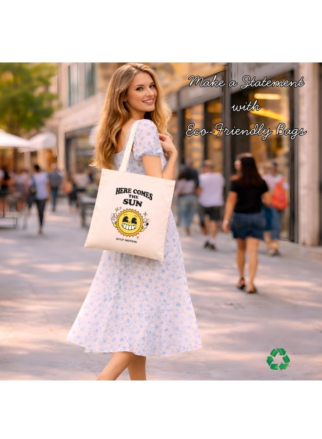 PRINTSHOP4ME Earth Cotton Canvas Tote Bag–“Here Comes The Sun” Eco-Friendly Reusable Bag For Women|Perfect For School,Travel,Earth Day & Birthday Gifts|Stylish & Sustainable Earth Hour Tote - Image 5