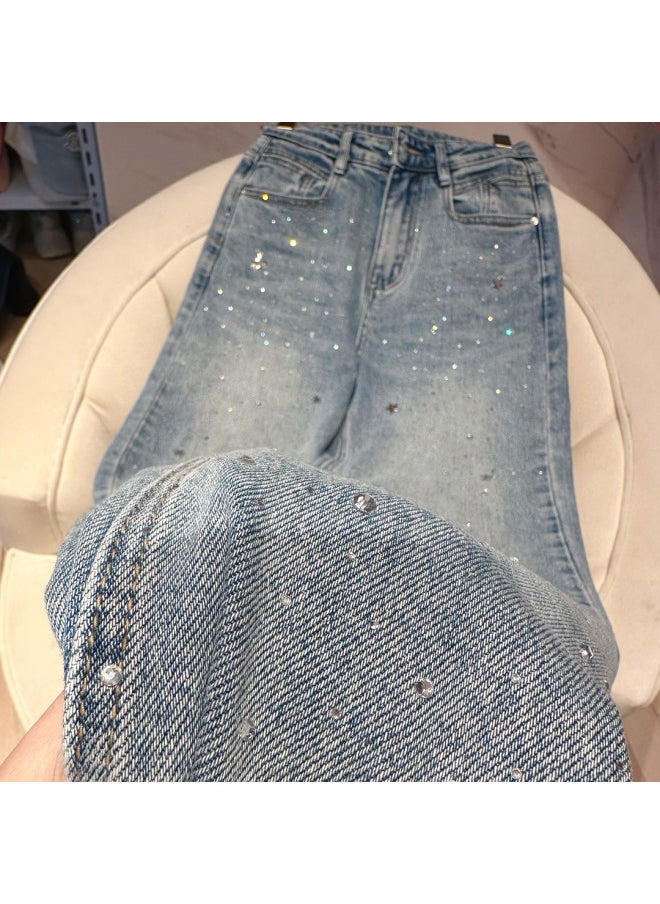 Generic [Long-term Stock] Dagging Jeans Women's High Waist Casual Trousers Drill Rhinestone Slimming Elegant 