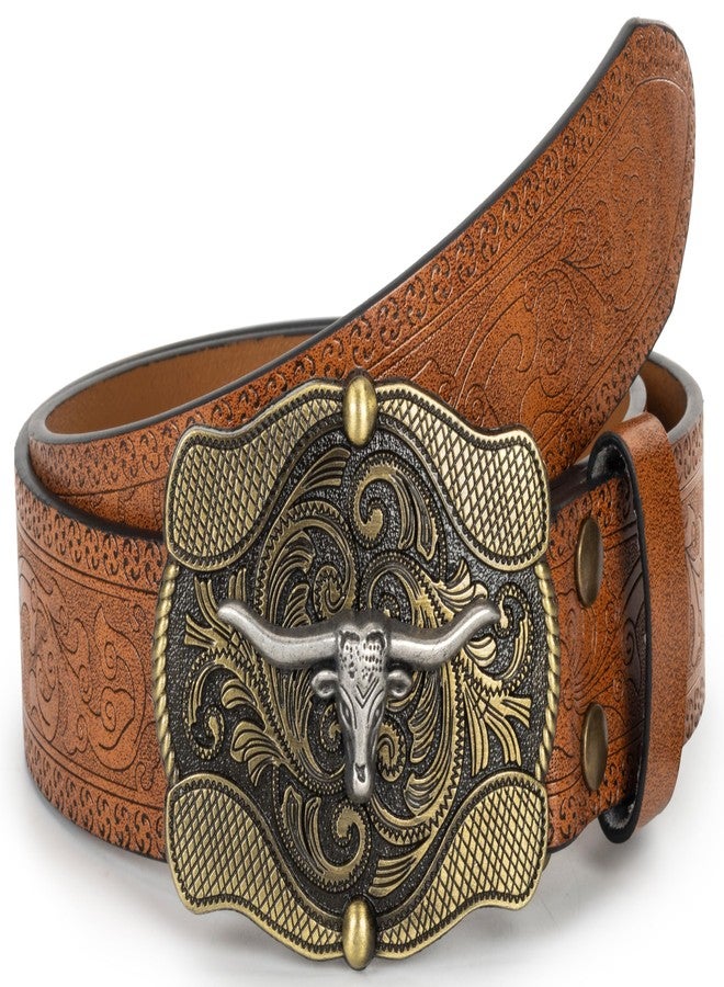Mealah Cowboy Belts for Women-Men-Embossed Western Cowgirl Belt With Vintage Wave Longhorn Bull Buckle for Jeans Pants - Image 1