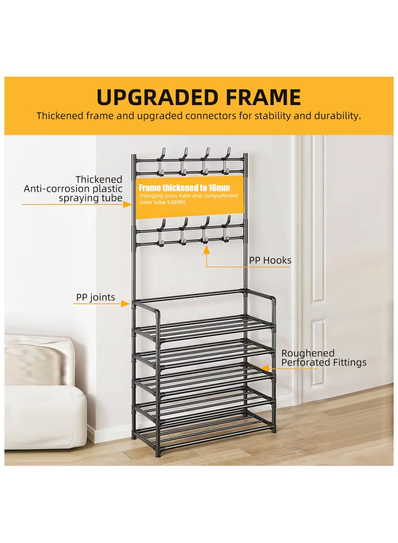 Generic 5-Tier Shoe Rack with Coat Rack, 3-in-1 Freestanding Clothes Organizer with 8 Hooks, Space-Saving Shoe and Coat Rack for Entryway, Bedroom, Front Door, Closet - Image 2