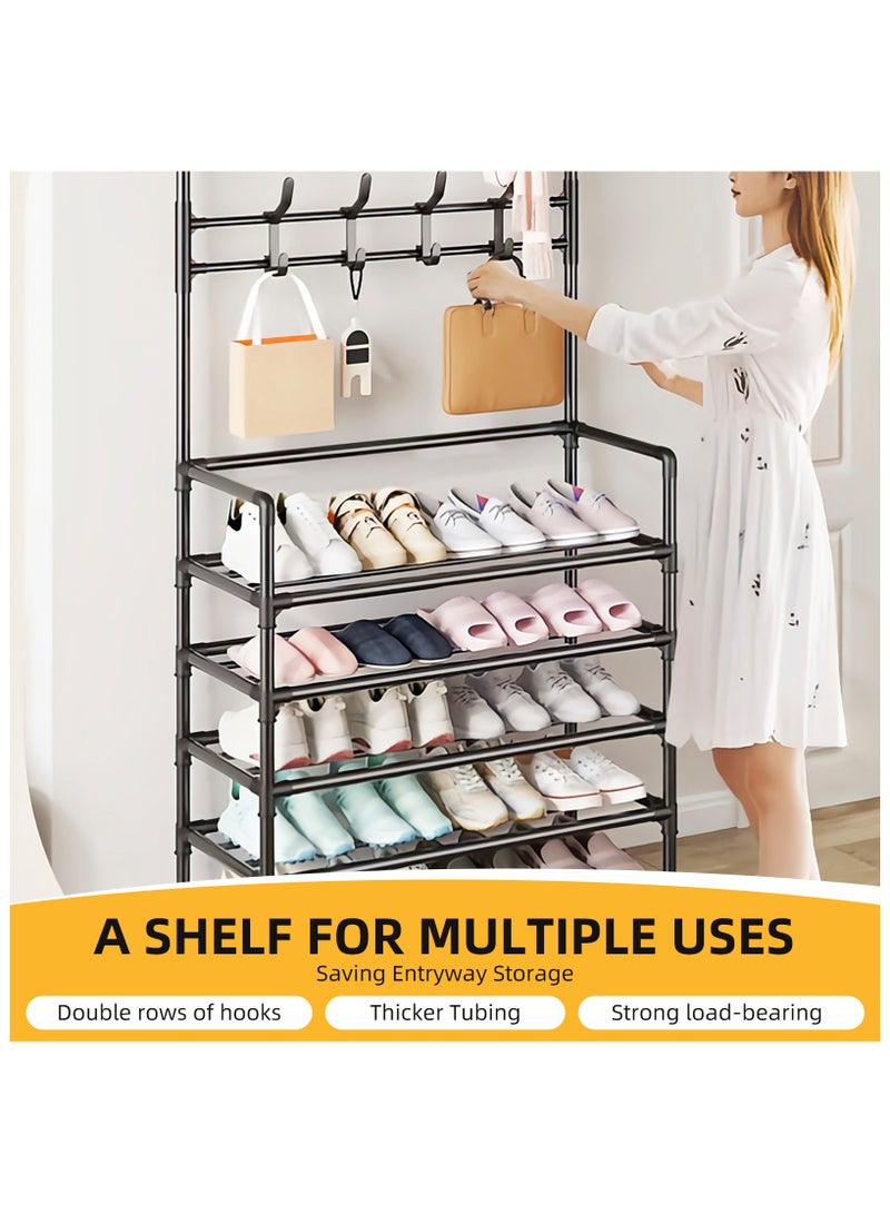 Generic 5-Tier Shoe Rack with Coat Rack, 3-in-1 Freestanding Clothes Organizer with 8 Hooks, Space-Saving Shoe and Coat Rack for Entryway, Bedroom, Front Door, Closet - Image 5
