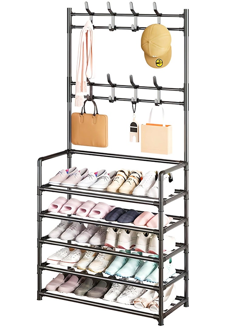 Generic 5-Tier Shoe Rack with Coat Rack, 3-in-1 Freestanding Clothes Organizer with 8 Hooks, Space-Saving Shoe and Coat Rack for Entryway, Bedroom, Front Door, Closet - Image 1