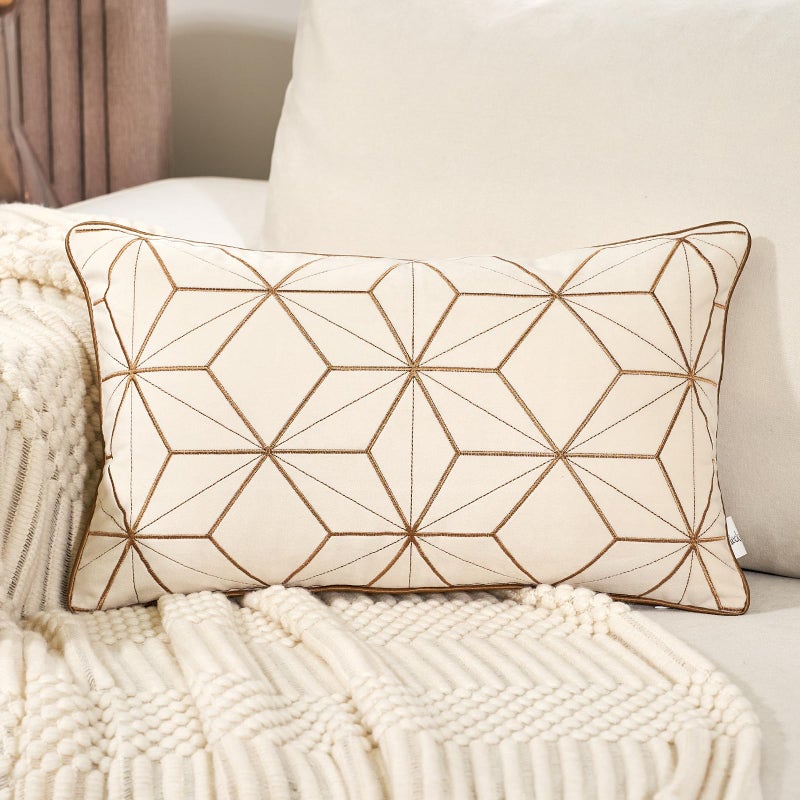 Aeckself 12 x 20 Inch White Gold Plaid Geometric Lines Embroidery Velvet Cushion Case Luxury Modern Rectangle Throw Pillow Cover Decorative Pillow for Couch Living Room Bedroom Car
