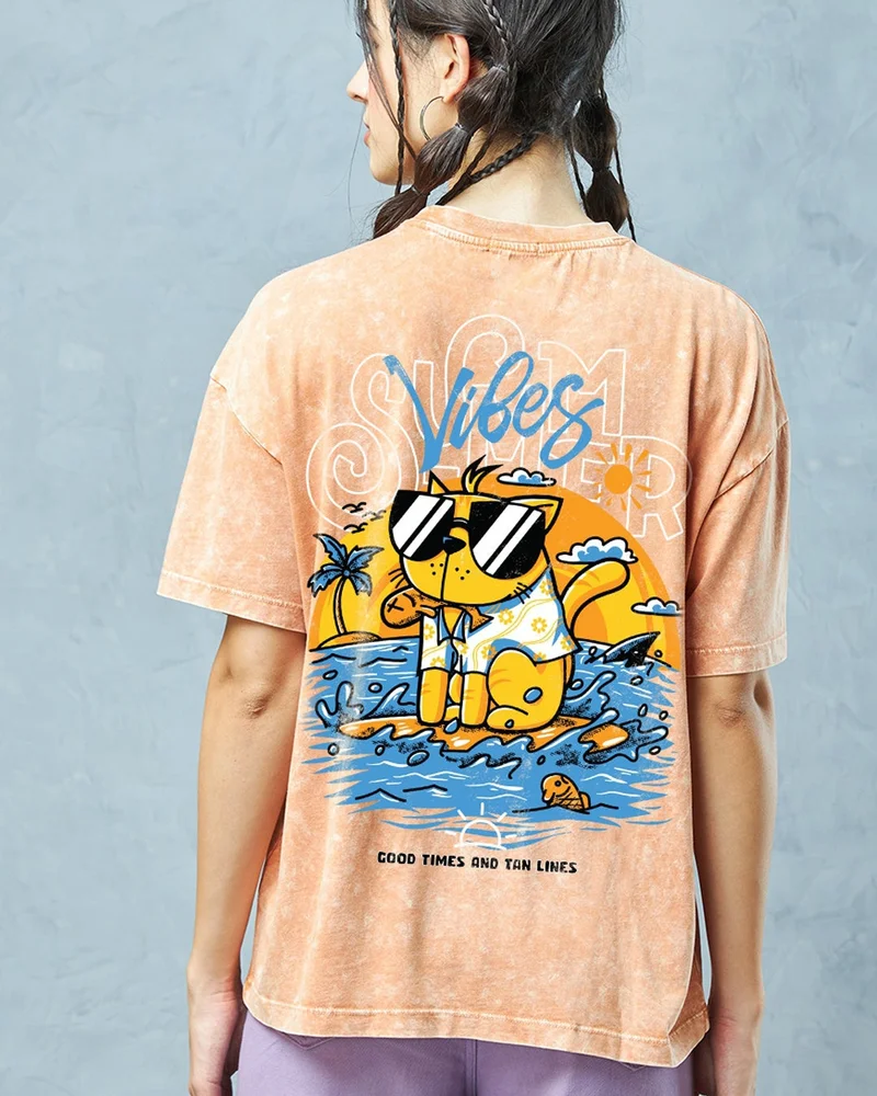 بيواكوف تيشيرت نسائي واسع مطبوع برسومات موجات الحر باللون البرتقالي وغسيل حمضي