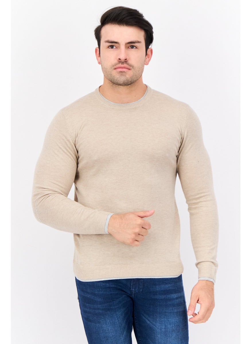 Sorbino Men Crew Neck Textured Long Sleeves Sweater, Beige  - Image 1