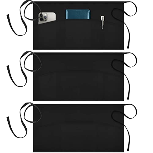 Syntus 3 Pack Server Aprons with 3 Pockets, 100% Cotton Waitress Waiter Waist Apron, 11.5-inch Black - Image 1