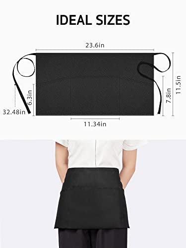 Syntus 3 Pack Server Aprons with 3 Pockets, 100% Cotton Waitress Waiter Waist Apron, 11.5-inch Black - Image 2