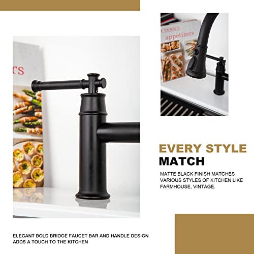 Lava Odoro Matte Black Bridge Kitchen Faucet with Pull Down Sprayer, Lava Odoro Transitional Kitchen Sink Faucet 3 Hole 2 Handle Spot-Resistant, Lead-Free, KF501-MB - Image 4