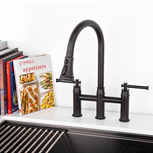 Lava Odoro Matte Black Bridge Kitchen Faucet with Pull Down Sprayer, Lava Odoro Transitional Kitchen Sink Faucet 3 Hole 2 Handle Spot-Resistant, Lead-Free, KF501-MB - Image 2