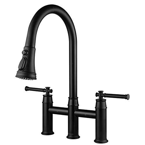 Lava Odoro Matte Black Bridge Kitchen Faucet with Pull Down Sprayer, Lava Odoro Transitional Kitchen Sink Faucet 3 Hole 2 Handle Spot-Resistant, Lead-Free, KF501-MB - Image 1