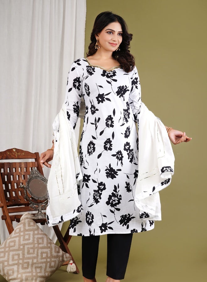 Ishq Behisaab Cotton Black & White Salwar Suit | Three Piece Lacework Kurta Set | V-Neck Kurthi with Long Sleeves - Image 1