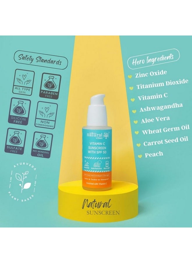 Natural Vibes - Vitamin C Sunscreen Spf 50 + Uvauvb Rays Indoor Outdoor Blue Light & Anti Pollution Water Resistant Ultra Light & Non Greasy No White Cast Unisex All Skin Types 50 Ml - Image 1