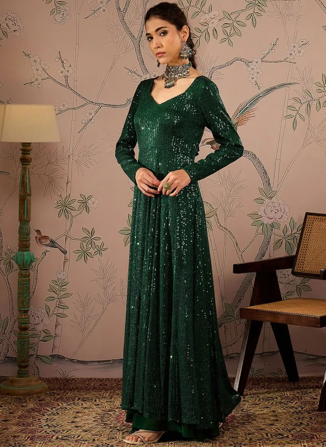 SASSAFRAS Sequinned Green Anarkali Kurta for Women