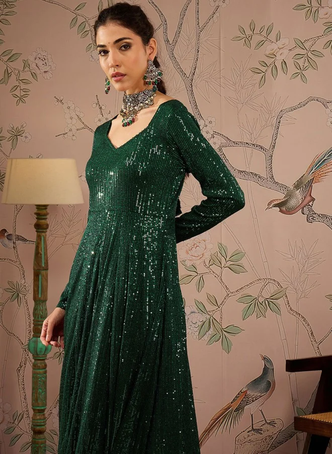 SASSAFRAS Sequinned Green Anarkali Kurta for Women