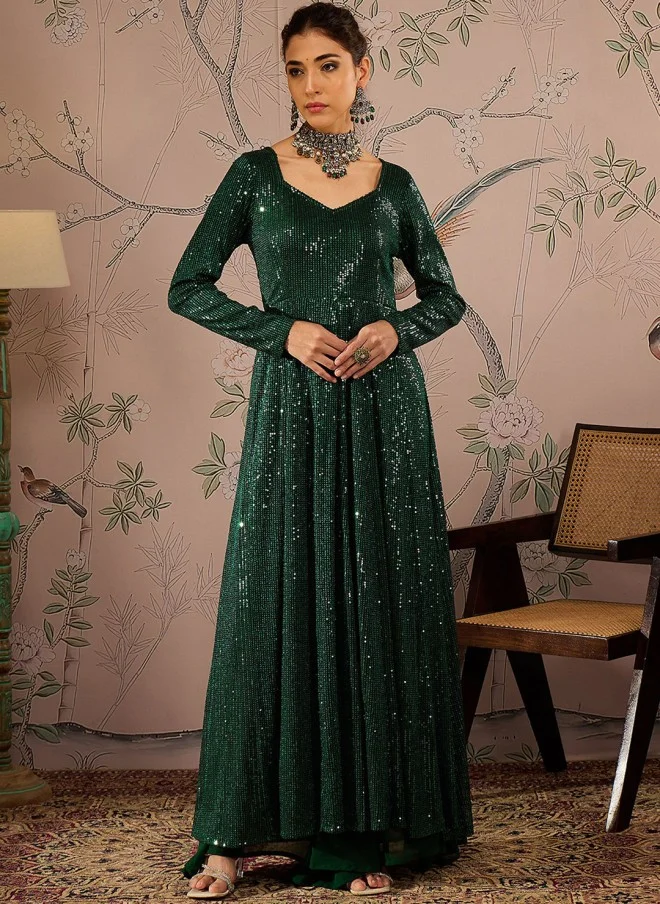 SASSAFRAS Sequinned Green Anarkali Kurta for Women