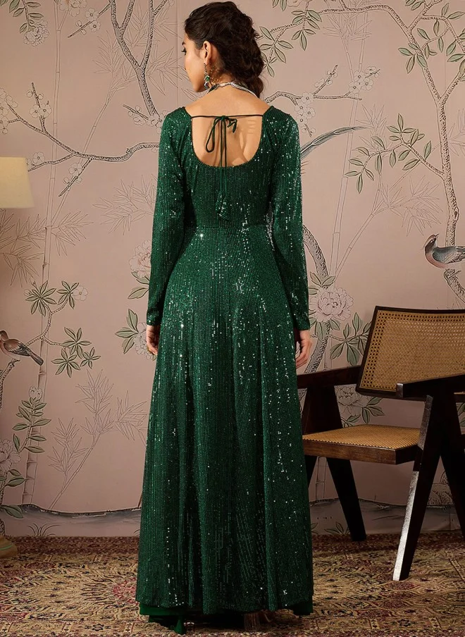 SASSAFRAS Sequinned Green Anarkali Kurta for Women
