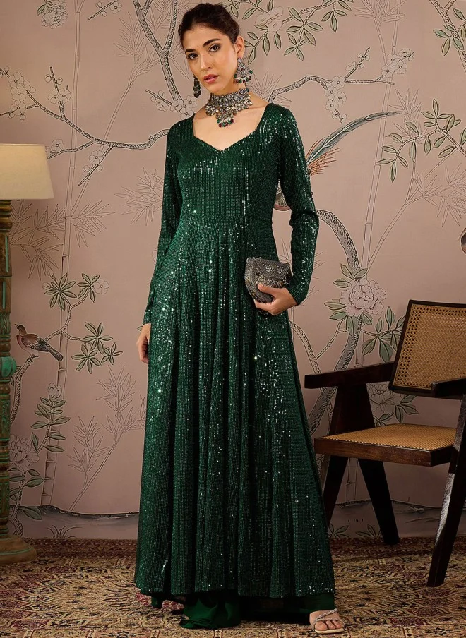 SASSAFRAS Sequinned Green Anarkali Kurta for Women