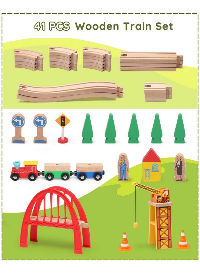 SainSmart Jr. SainSmart Jr. 41 Pcs Deluxe Wooden Train Set for Toddler, Wood Train Track w/Crane Fits Brio Thomas, Melissa and Doug for Kids Ages 3+  - Image 2