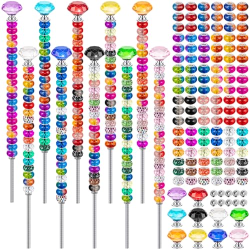 KVCSYAW 230 Pcs Beaded Garden Stakes, DIY Fairy Wand Garden Stake Beads Kits with 200 Colorful Assortment Round Large Hole Beads with 10 Crystal Stopper Top, 10 Threaded Rod and 10 Nuts for Outdoor Decoration - Image 1