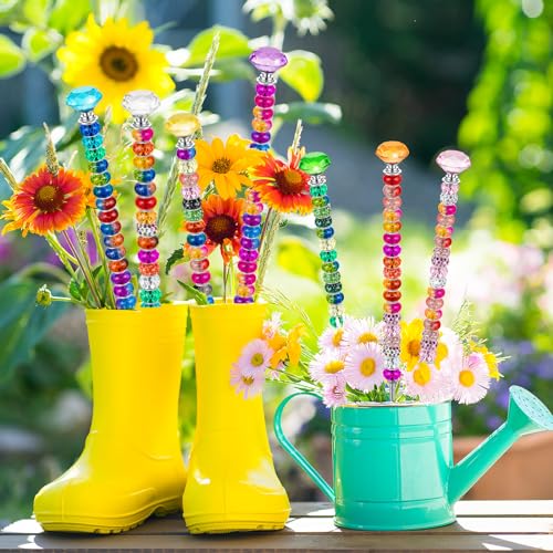 KVCSYAW 230 Pcs Beaded Garden Stakes, DIY Fairy Wand Garden Stake Beads Kits with 200 Colorful Assortment Round Large Hole Beads with 10 Crystal Stopper Top, 10 Threaded Rod and 10 Nuts for Outdoor Decoration - Image 4