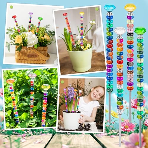 KVCSYAW 230 Pcs Beaded Garden Stakes, DIY Fairy Wand Garden Stake Beads Kits with 200 Colorful Assortment Round Large Hole Beads with 10 Crystal Stopper Top, 10 Threaded Rod and 10 Nuts for Outdoor Decoration - Image 5