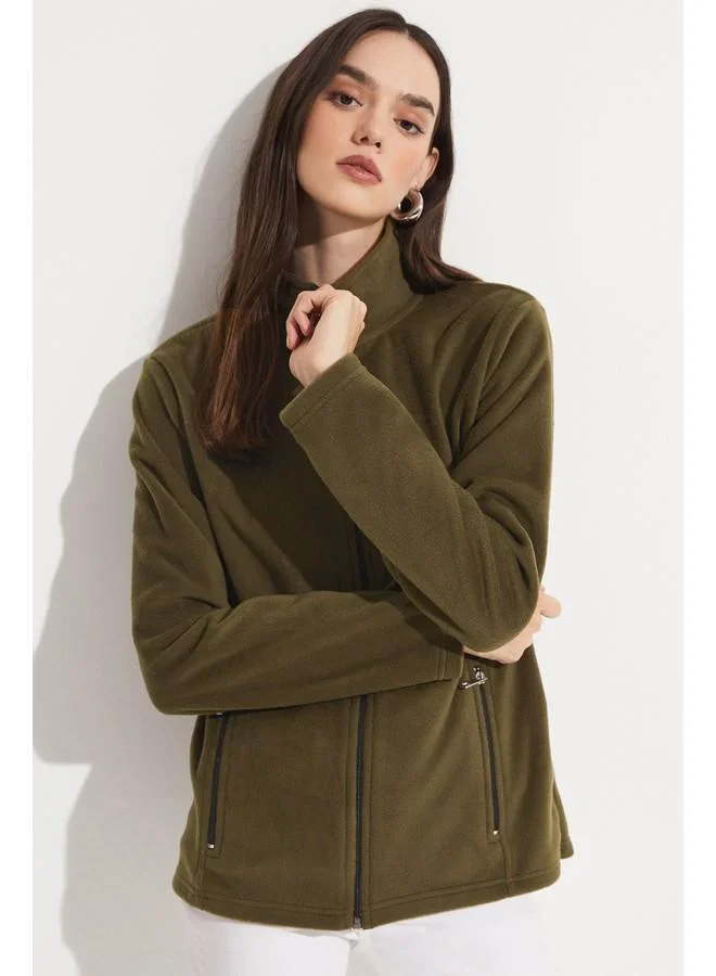 JUNE June Zipper Polar Sweatshirt Khaki