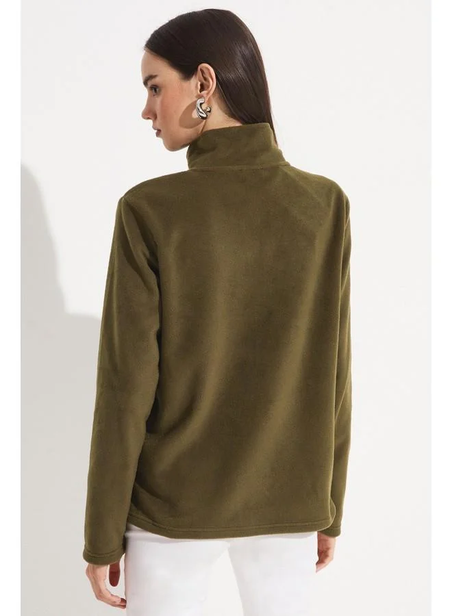 JUNE June Zipper Polar Sweatshirt Khaki