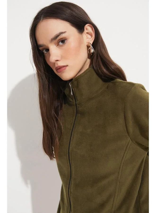 JUNE June Zipper Polar Sweatshirt Khaki