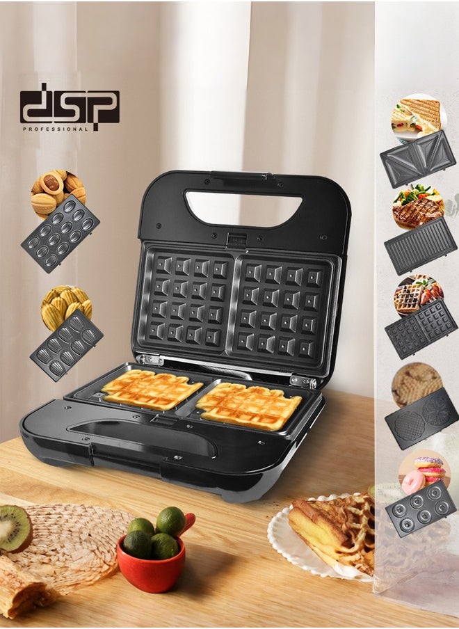DSP 7 In 1Multi Breakfast Maker With Sandwich-Panini-Grill-Waffle-Donut-Crepe-Omelette-Nut Maker,Detachable Plates 800W KC1162 Black/Silver  - Image 1