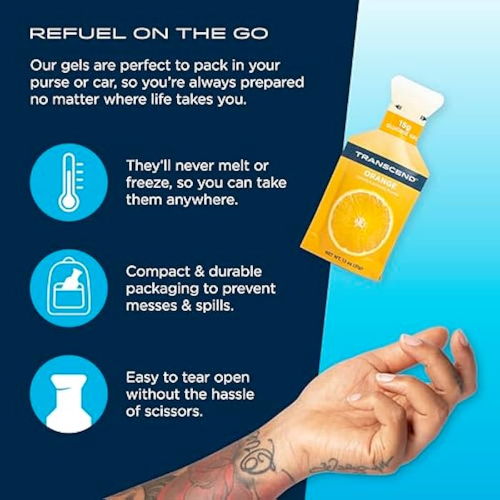 Transcend Foods Strawberry + Orange Gels (1.1 oz, Pack of 10) Fast-Acting Carb Gel Strawberry and Orange Flavor – Caffeine Free, Gluten Free - Image 5