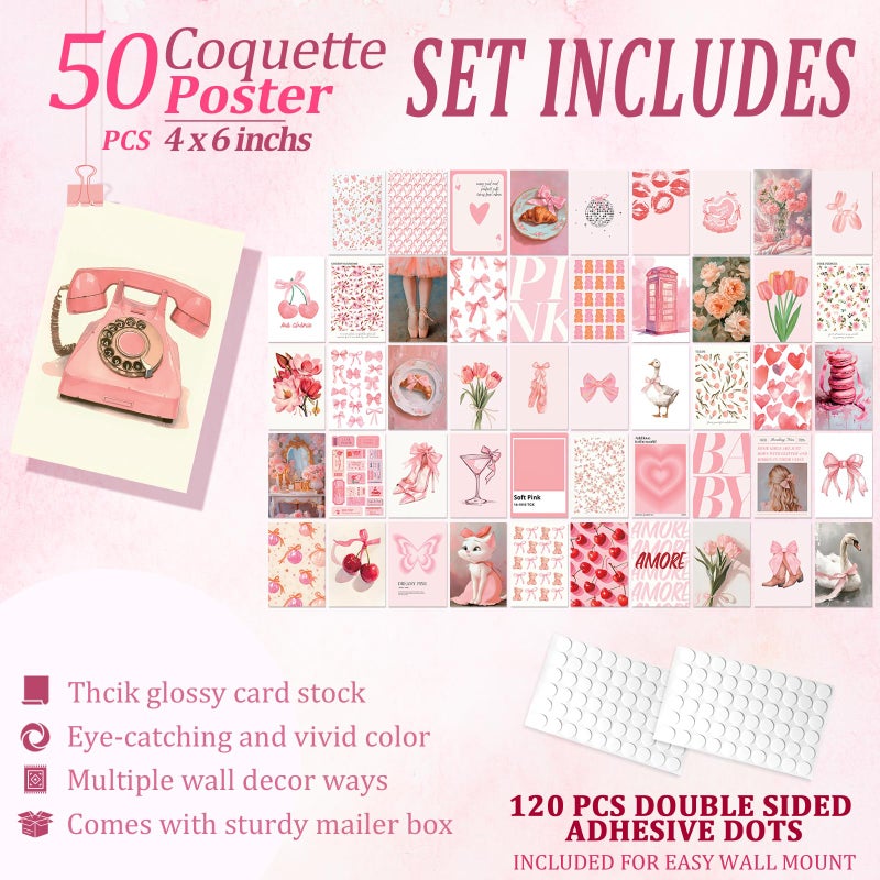 Uniro Coquette Room Decor Aesthetic, 50Pcs Pink Coquette Wall Decor, Coquette Posters Aesthetic Room Decor, Pink Room Decor 4"x6" Coquette Wall Collage Kit for Teen Girls Dorm Bedroom Decor, Cute Coquette Posters Picture Trendy Pink Wall Art Prints - Image 2