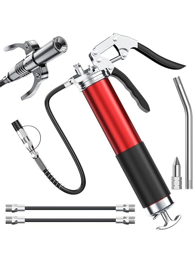 KASTWAVE Grease Gun Kit, Heavy Duty Pistol Grip Grease Gun With Quick Locking Coupler, Spring Flex Hose, 14Oz Load, 2 Standard Hose, Reinforced Coupler, Rigid Pipe, Sharp Nozzle  - Image 1