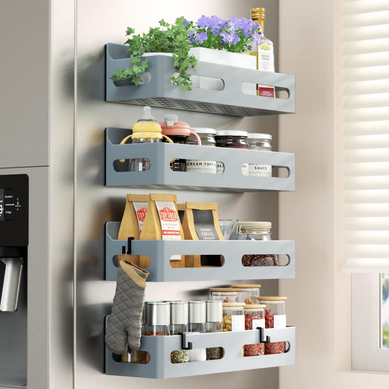 Sevenblue 4 Pack Strong Magnetic Spice Rack for Refrigerator, Multipurpose Magnetic Shelf for Fridge with 4 Hooks for kitchen and Bathroom Organization, Grey - Image 1
