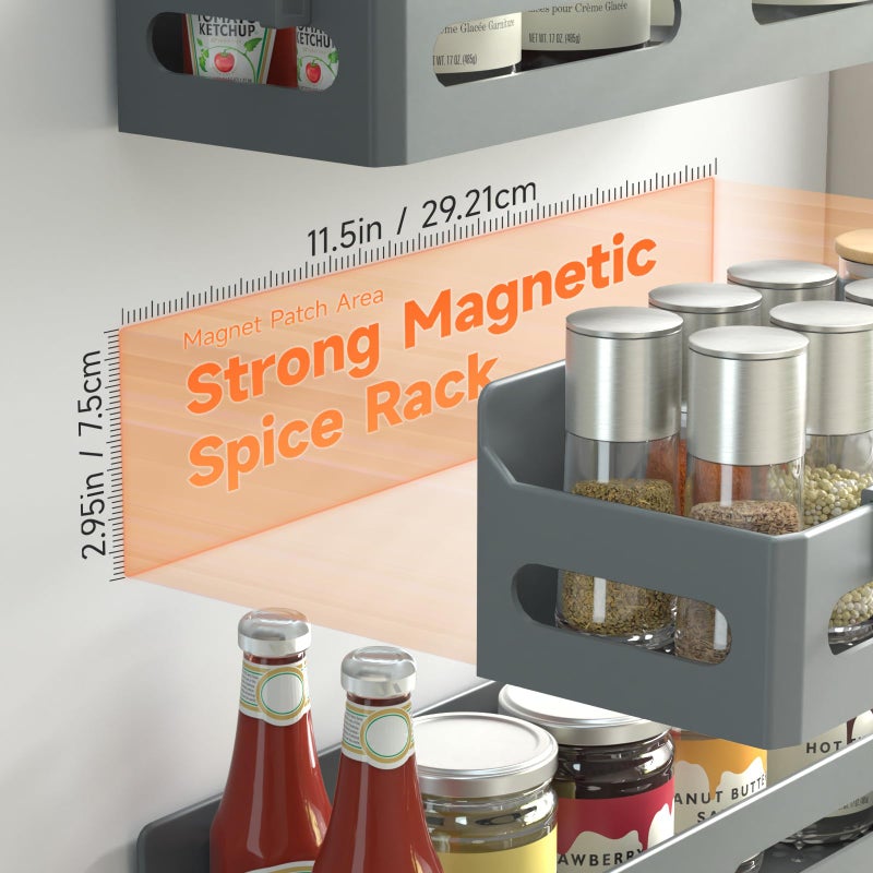 Sevenblue 4 Pack Strong Magnetic Spice Rack for Refrigerator, Multipurpose Magnetic Shelf for Fridge with 4 Hooks for kitchen and Bathroom Organization, Grey - Image 2