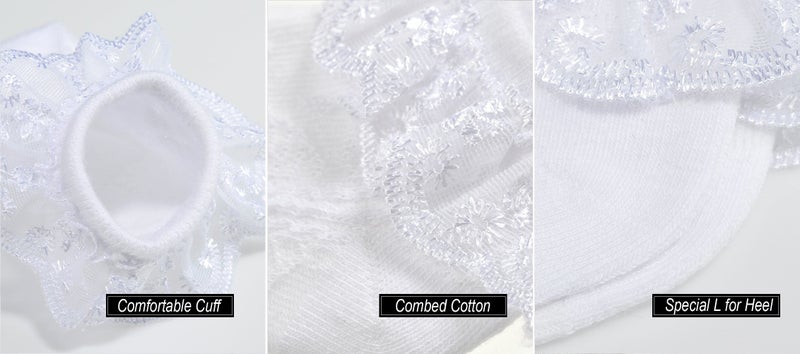 EPEIUS Baby-Girls Eyelet Frilly Lace Socks Cotton Rich Infant Girl Princess Ankle Socks White/Ivory(Pack of 2) 6-12 Months - Image 5