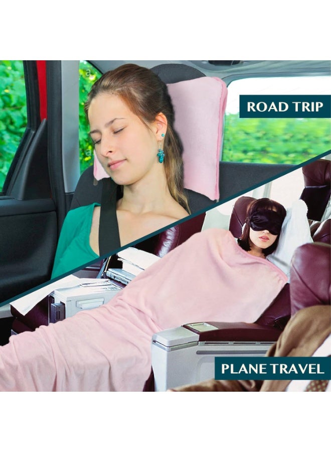 COYO Travel Blanket Pillow, Soft Airplane Blanket Combo Set, Plane Blanket Compact Packable, Flight Essentials Car Pillow, Travelers Gifts Accessories, Luggage Backpack Strap, Pink - Image 4