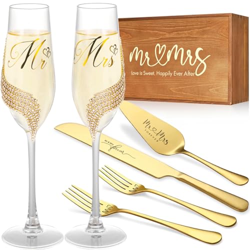 VARLKA Wedding Cake Knife and Server Set, Gold Mr and Mrs Champagne Flutes and Cake Cutting Set for Wedding Bridal Shower Gifts (Gold) - Image 1