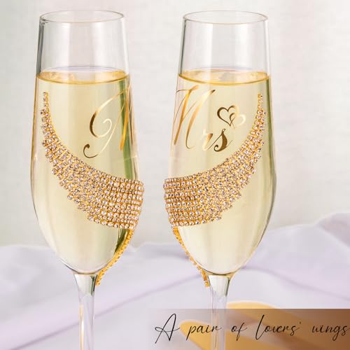 VARLKA Wedding Cake Knife and Server Set, Gold Mr and Mrs Champagne Flutes and Cake Cutting Set for Wedding Bridal Shower Gifts (Gold) - Image 3